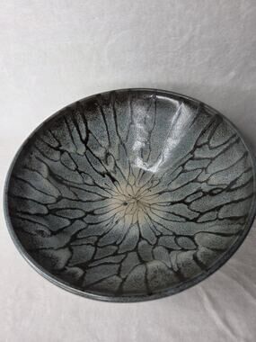 Studio Art Pottery Bowl Lava Look Blues Browns Marked With Bear Paw SMK